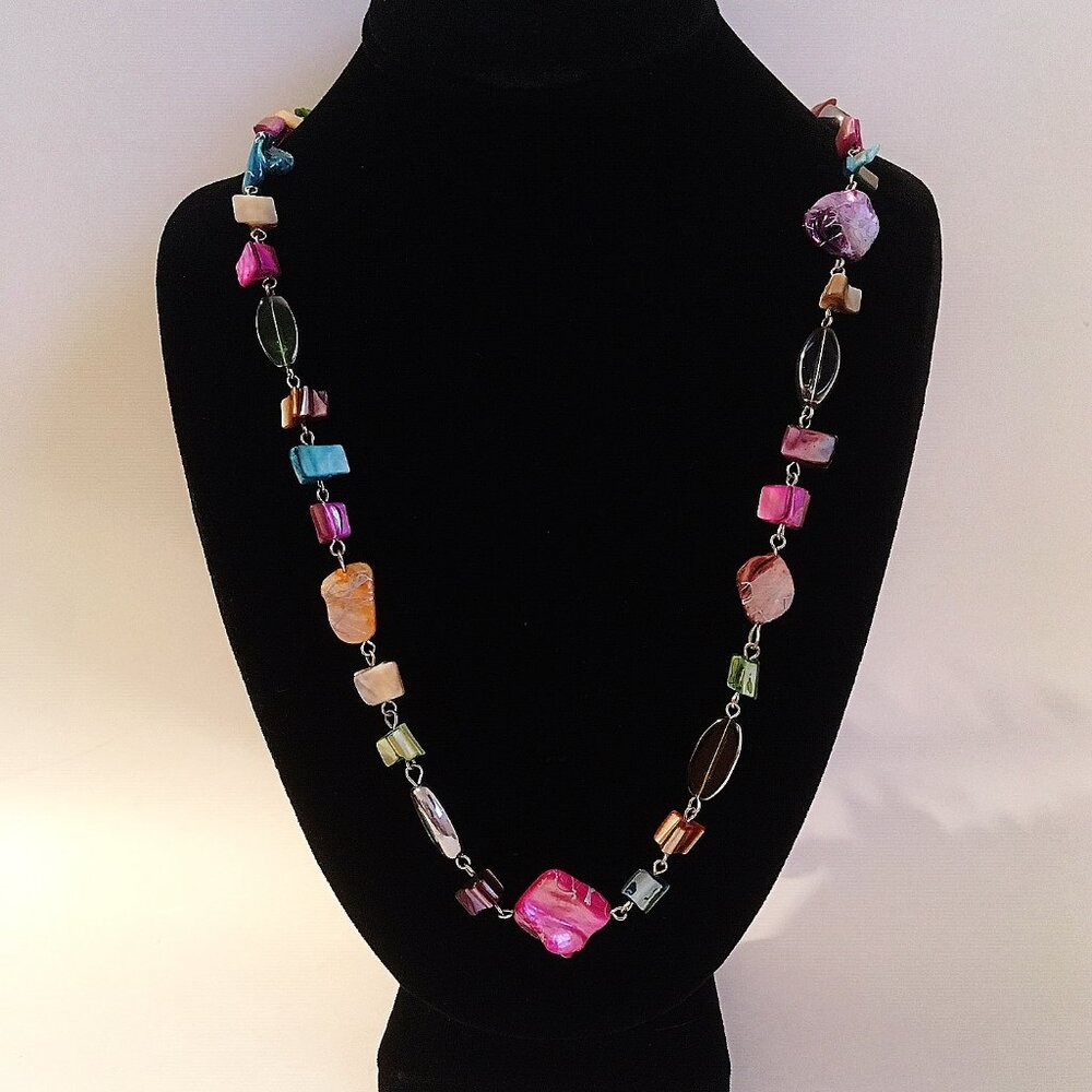 Colorful Necklace Shell Stone Beaded Handcrafted Silver Tone Metal Pink Green